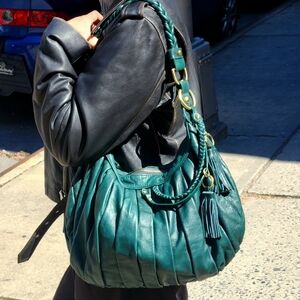 Vintage Teal Shoulder Genuine Leather Bag with Braided Strap